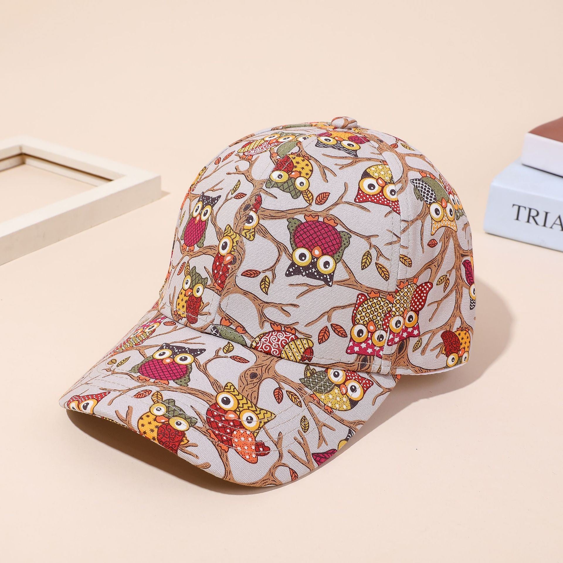 Creative new cartoon pattern baseball cap men and women casual sun hat owl print peaked cap spring and summer Doba Beige
